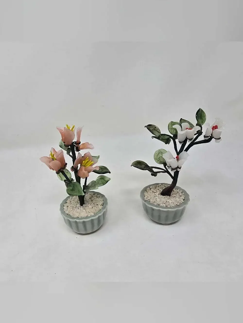 Vintage 80s Chinese Bonsai Tree Glass Wire Flowers Green Celadon Planter Pot